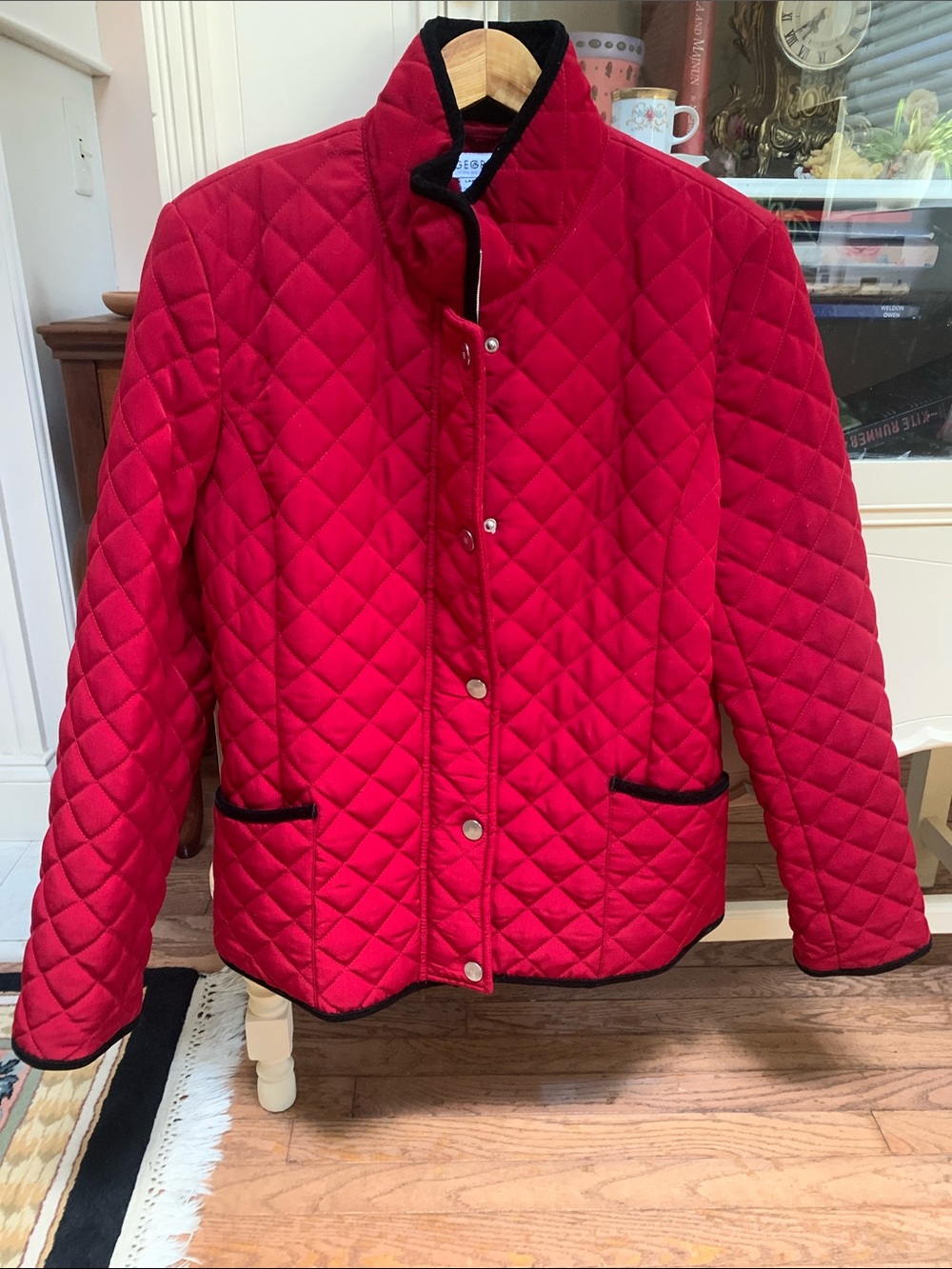 Quilted Red Women's Jacket with Velvet Trim